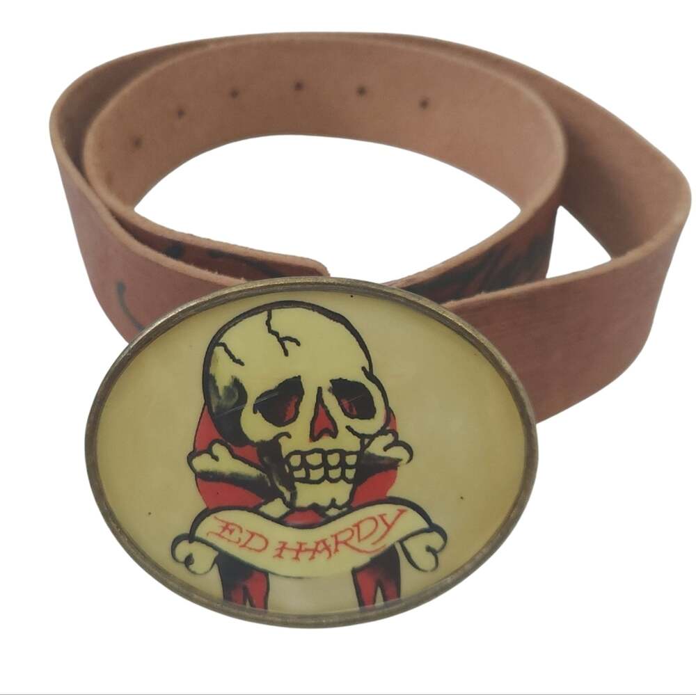 Ed Hardy Tan Leather Belt with Skull Buckle Medium Women 1.5" Wide Handmade